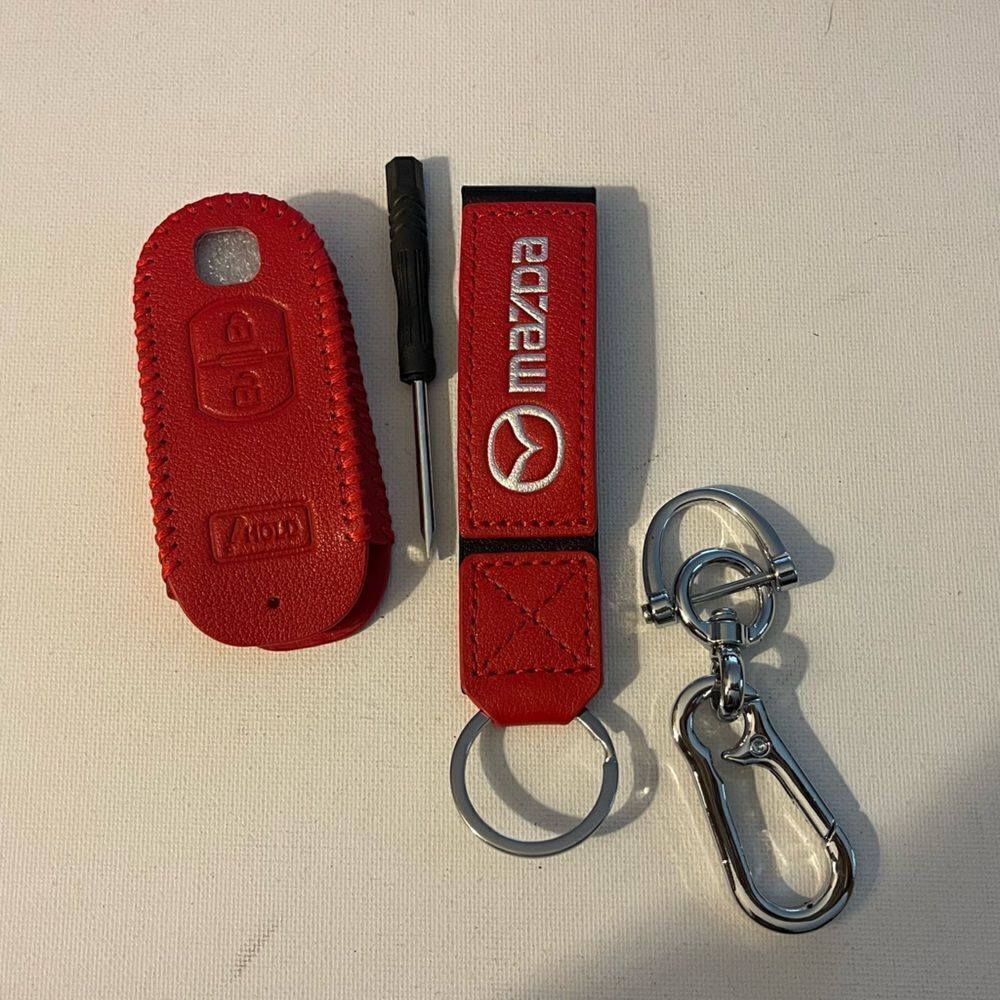 Mazda Key Fob Keychain in Red Leather & Fob Case Cover in Red Leather NWT